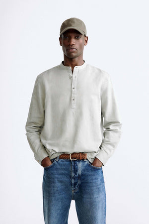 Retro Club Linen Tab Collar Long Sleeve shirt in Teal