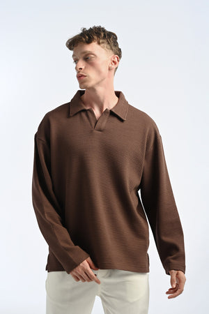 25-12 Waffle Polo Longsleeve in Brown