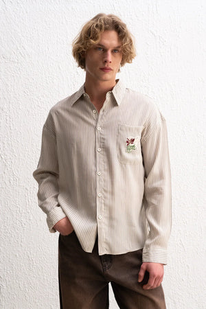 GIESTO EMBROIDERY DETAIL STRIPE SHIRT IN CREAM