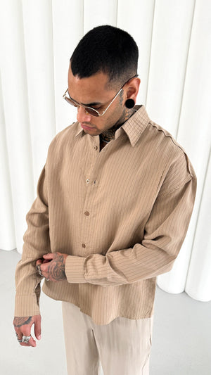 Mechanic Loose Striped Button Down Shirt in Brown