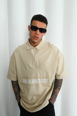 Mechanic Oversized Boxy Zip Short Sleeve Shirt in Beige