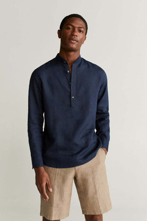 Retro Club Linen Tab Collar Long Sleeve shirt in Blue