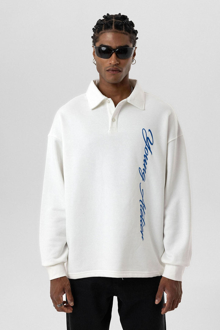 VAMOS POLO COLLAR LETTER DETAILED OVERSIZE SWEATSHIRT ECRU