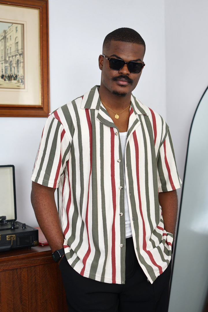Massimo Cariño bar stripe revere shirt in green and red