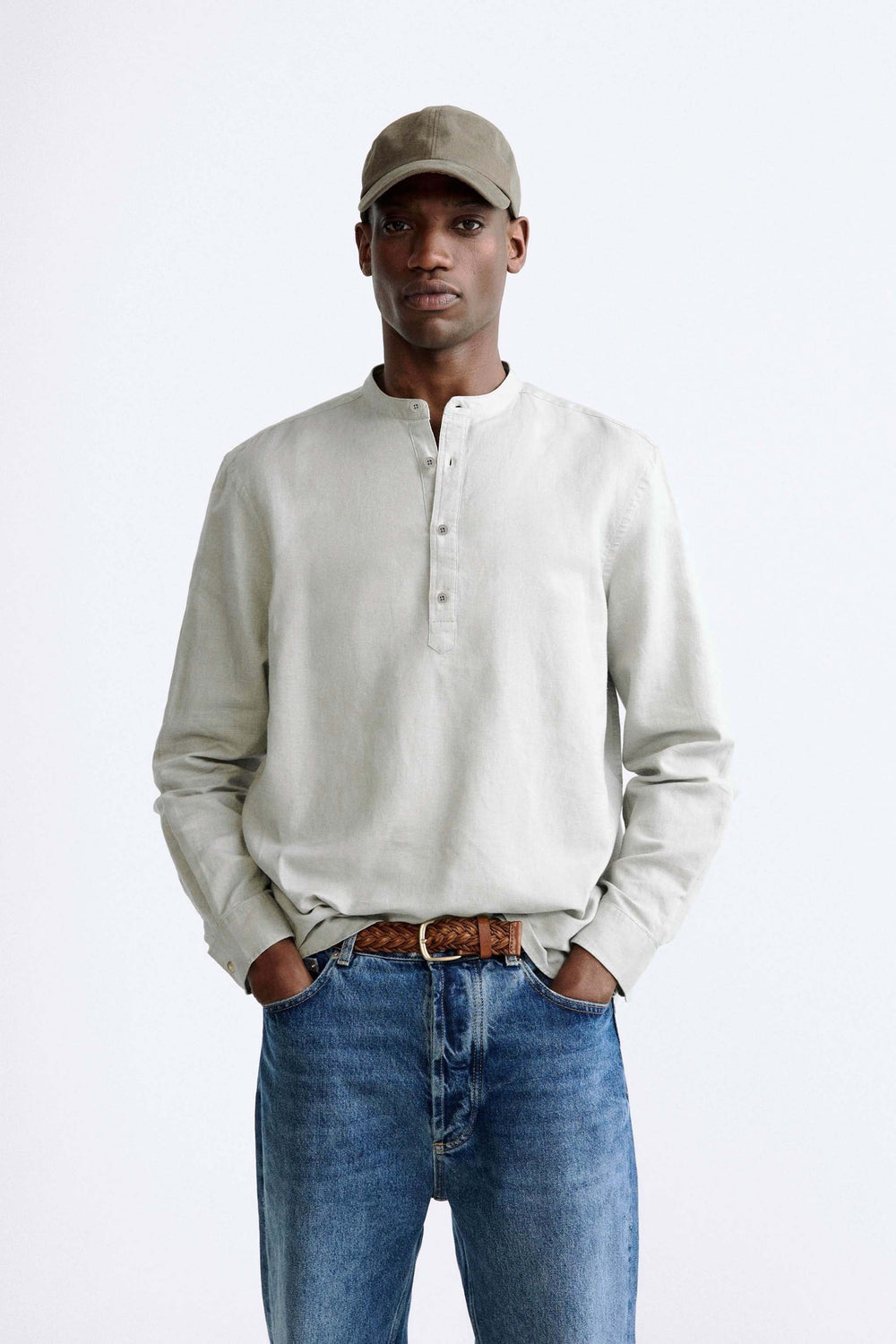 Retro Club Linen Tab Collar Long Sleeve shirt in Teal