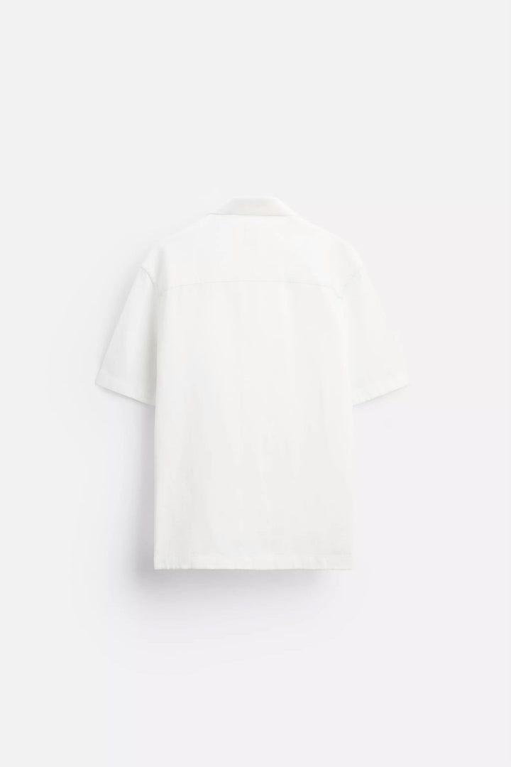 GARM ISLAND EMBROIDERED POCKETLESS SHORT SLEEVE OVERSIZE LINEN SHIRT WHITE