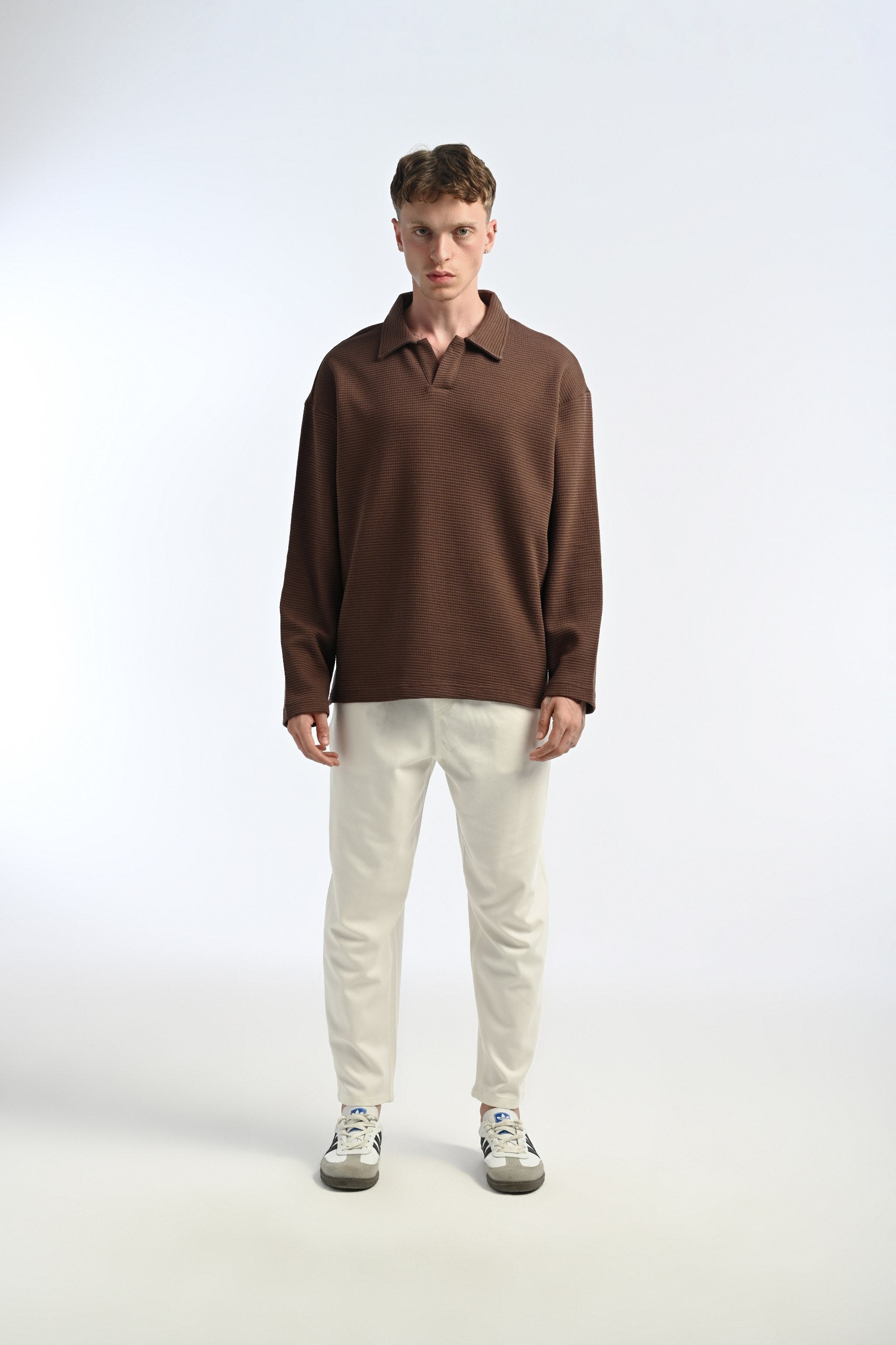 25-12 Waffle Polo Longsleeve in Brown