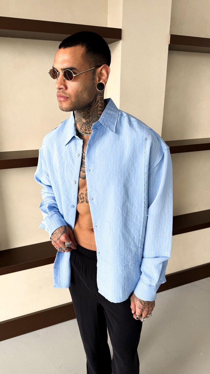 Mechanic Loose Striped Button Down Shirt in Blue