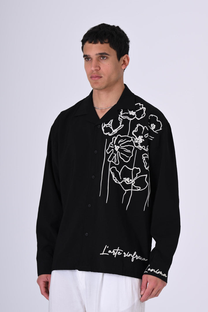 2512 Floral Embroidered Shirt in Black
