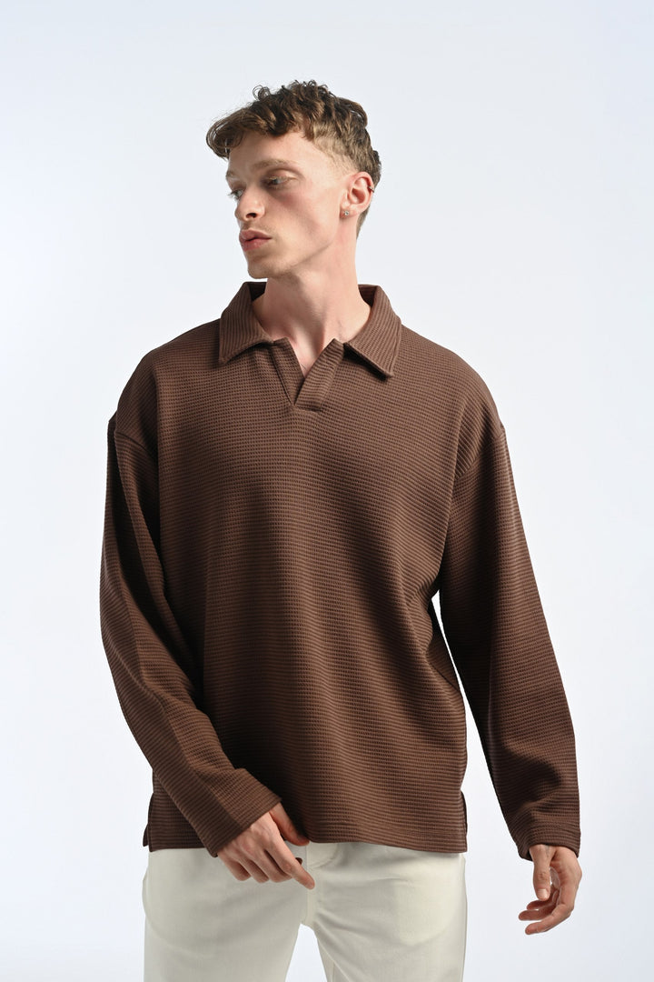 25-12 Waffle Polo Longsleeve in Brown