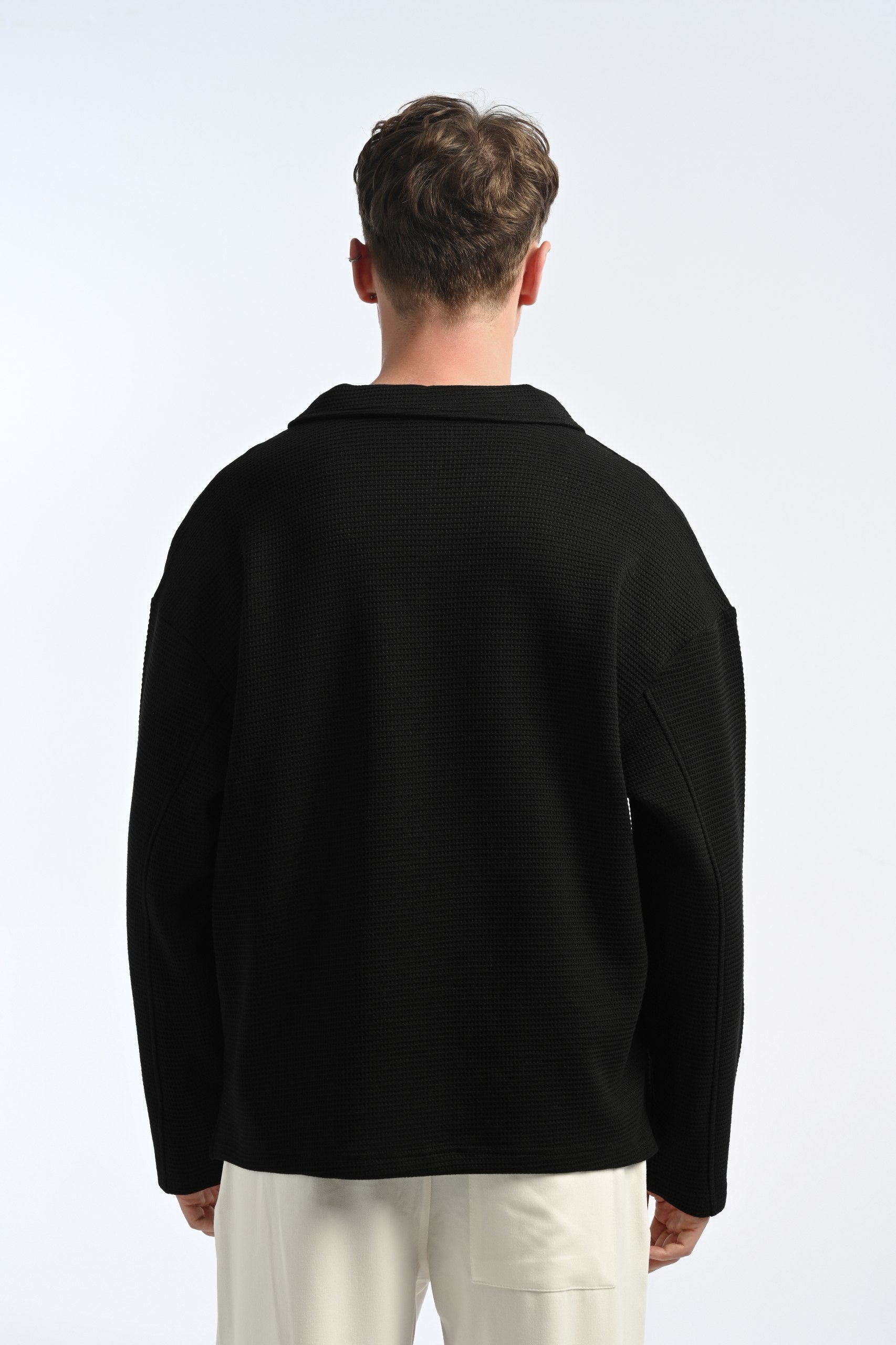 25-12 Longsleeve Waffle Polo in Black