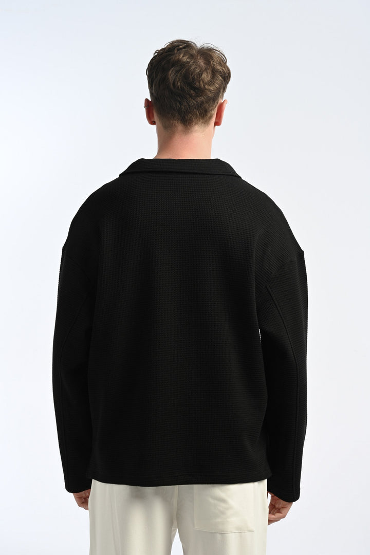 25-12 Longsleeve Waffle Polo in Black