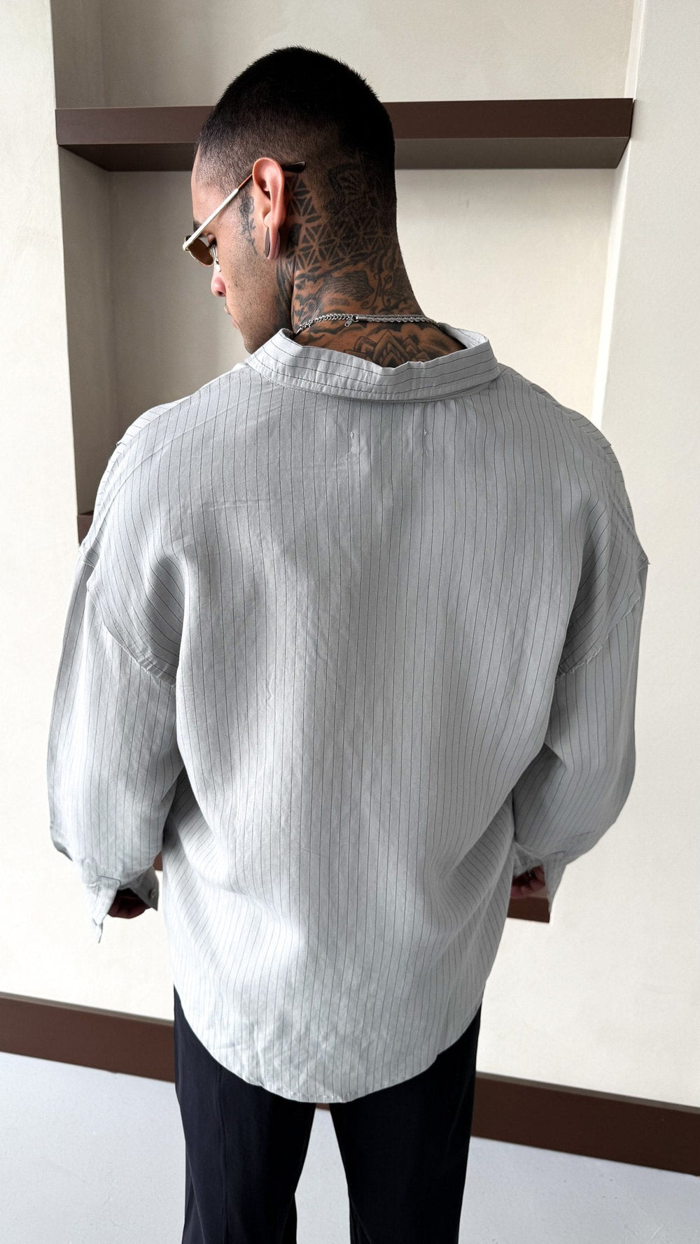 Mechanic Loose Striped Button Down Shirt in Grey
