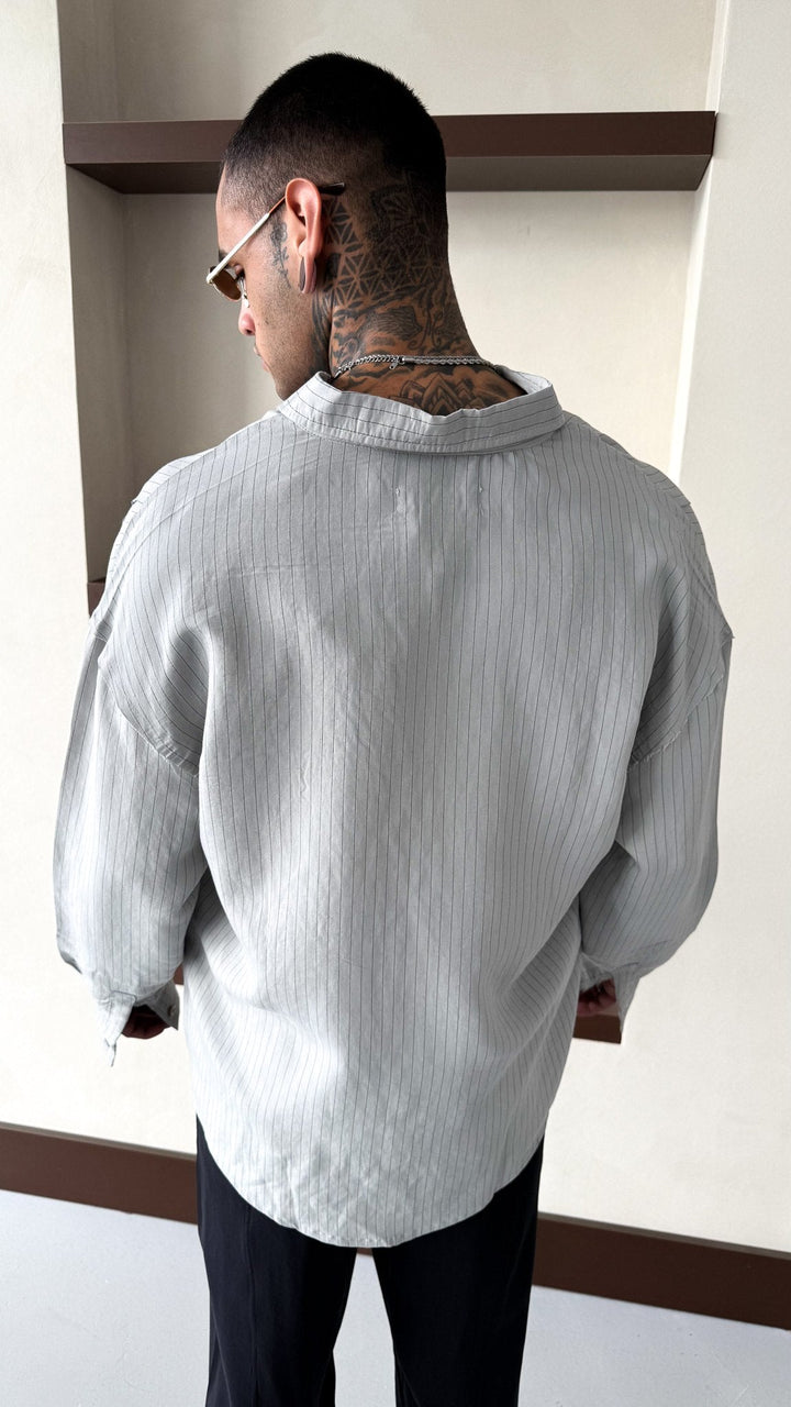 Mechanic Loose Striped Button Down Shirt in Grey