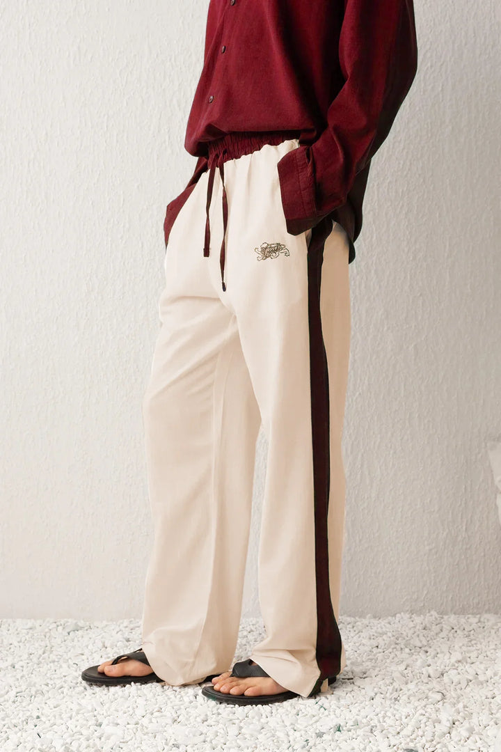 Giesto Embroidered Double Toned Linen Pants in Burgundy