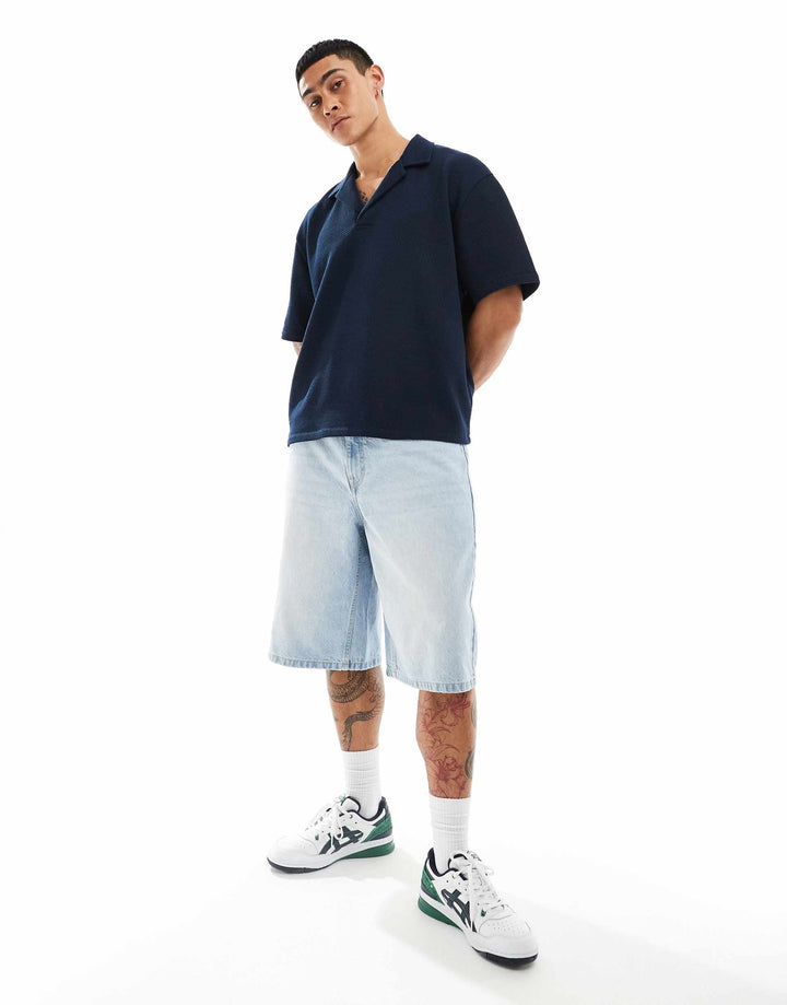 Garm Island Oversized Textured Knit Polo Shirt in Navy