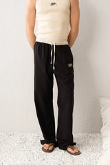 Giesto Embroidered Double Toned Linen Pants in Black