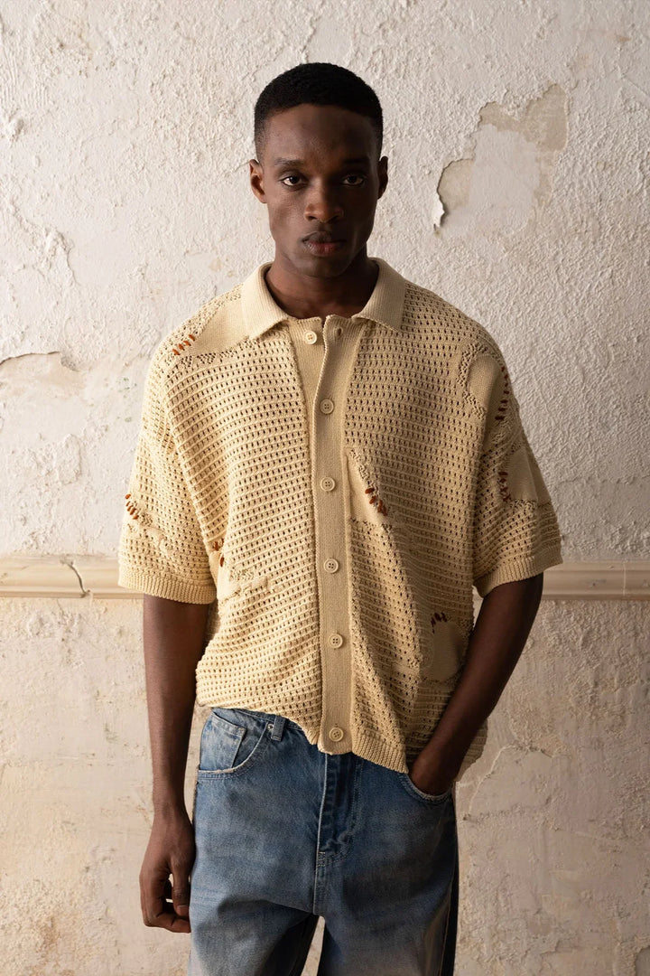 Giesto crochet shirt with brown stitching in beige