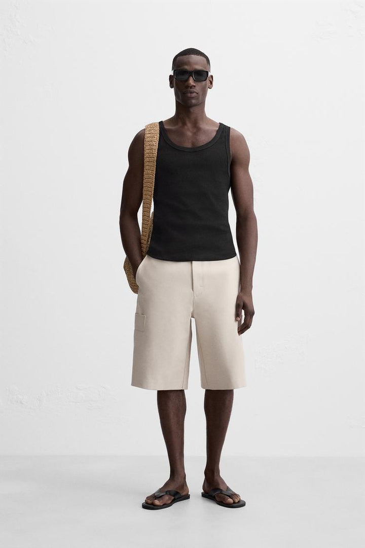 Vamos Ribbed Cotton Vest T-shirt in Black