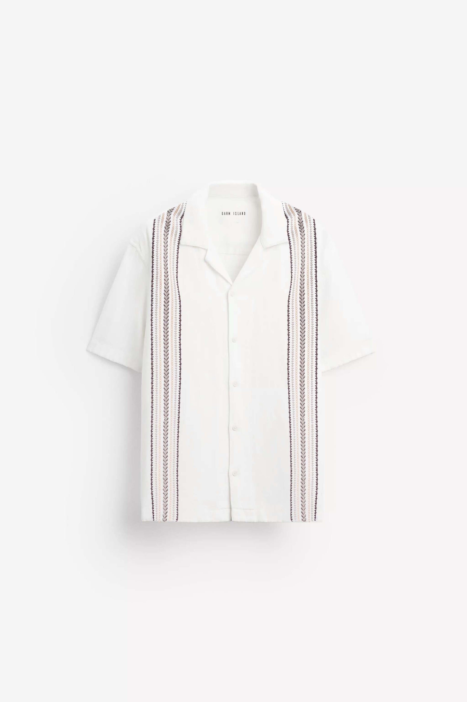 GARM ISLAND EMBROIDERED POCKETLESS SHORT SLEEVE OVERSIZE LINEN SHIRT WHITE