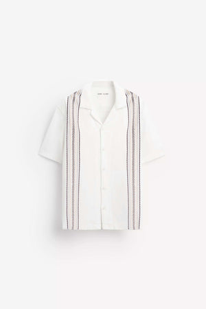 GARM ISLAND EMBROIDERED POCKETLESS SHORT SLEEVE OVERSIZE LINEN SHIRT WHITE