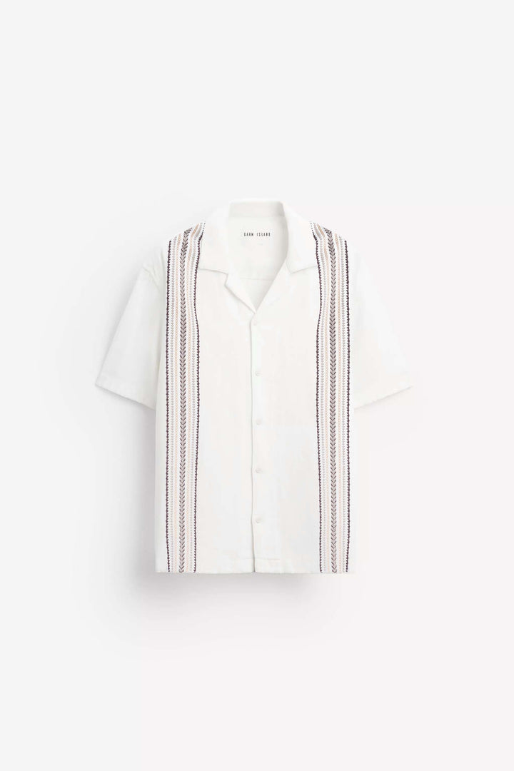 GARM ISLAND EMBROIDERED POCKETLESS SHORT SLEEVE OVERSIZE LINEN SHIRT WHITE