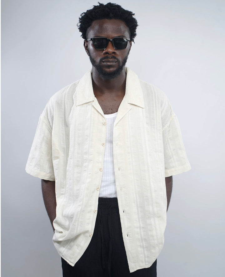 Giesto Striped oversized revere shirt in ecru/white