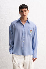 GIESTO EMBROIDERY DETAIL STRIPE SHIRT IN BLUE