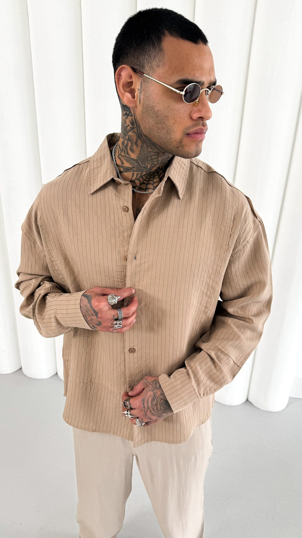 Mechanic Loose Striped Button Down Shirt in Brown