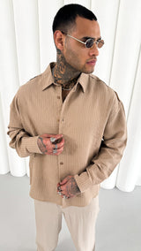 Mechanic Loose Striped Button Down Shirt in Brown