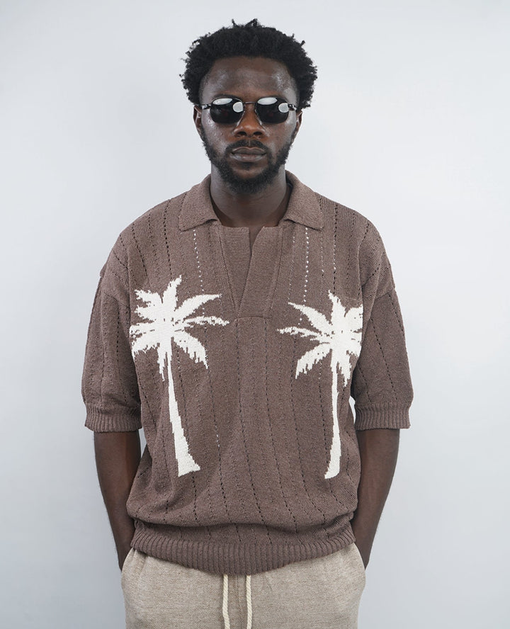 GIESTO oversized crochet knit polo with palm print in brown