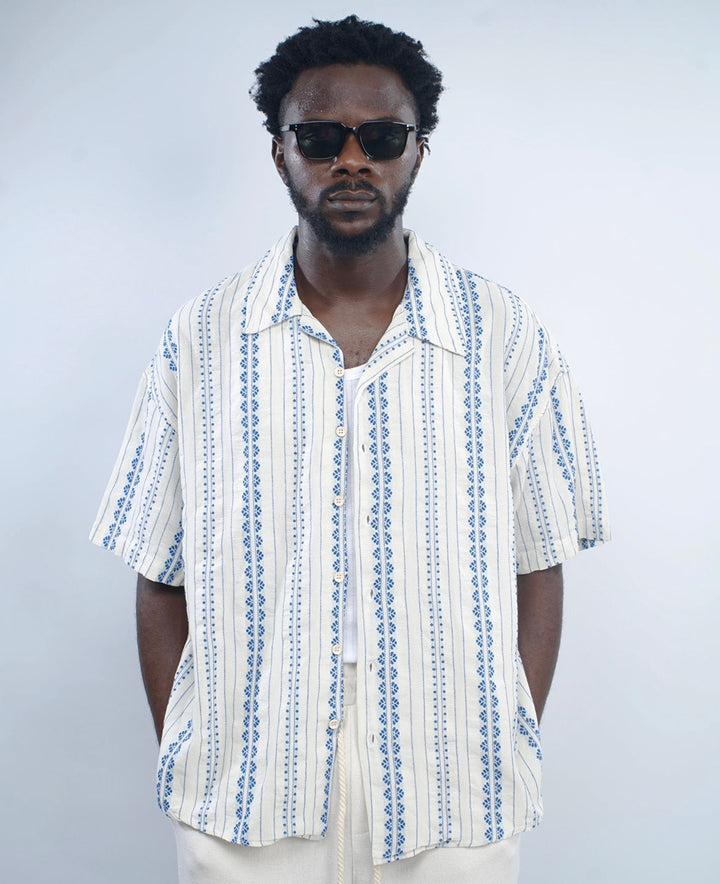 Giesto Striped oversized revere shirt in ecru/blue
