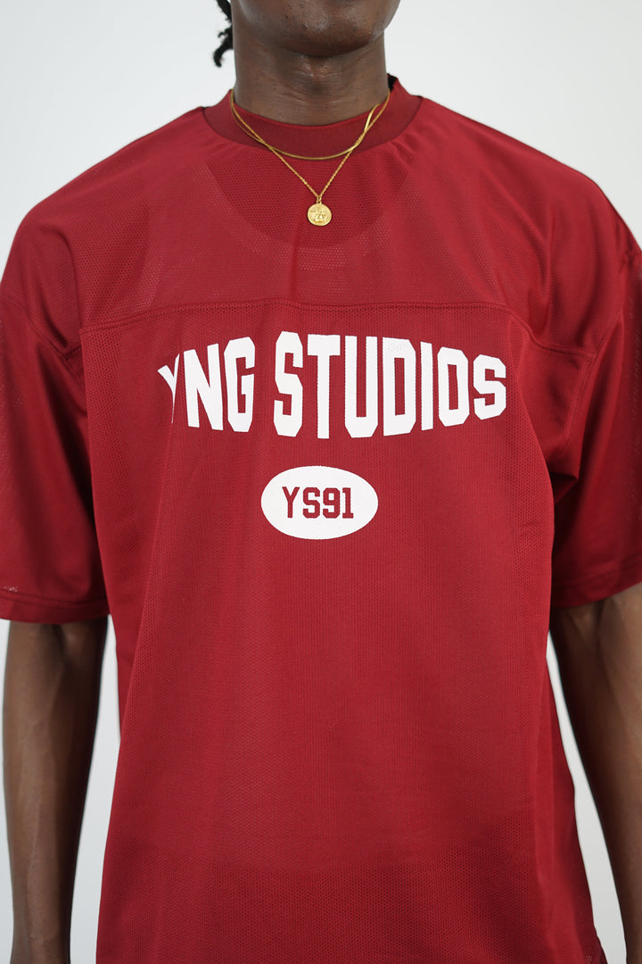 Vamos young studios mesh Jersey t-shirt in burgundy