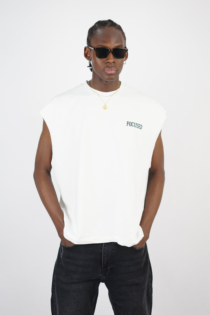 Mechanic Focused Backprint Armless T-shirt in White