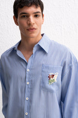 GIESTO EMBROIDERY DETAIL STRIPE SHIRT IN BLUE