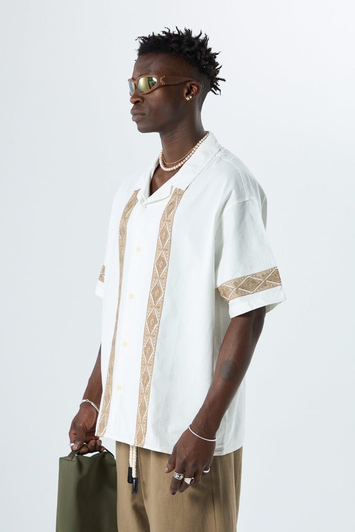 Vamos Embroidered Detailed Oversized Linen Shirt in Ecru