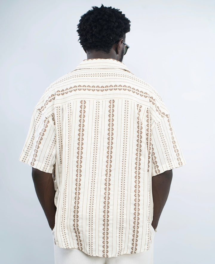 Giesto Striped oversized revere shirt in ecru/brown