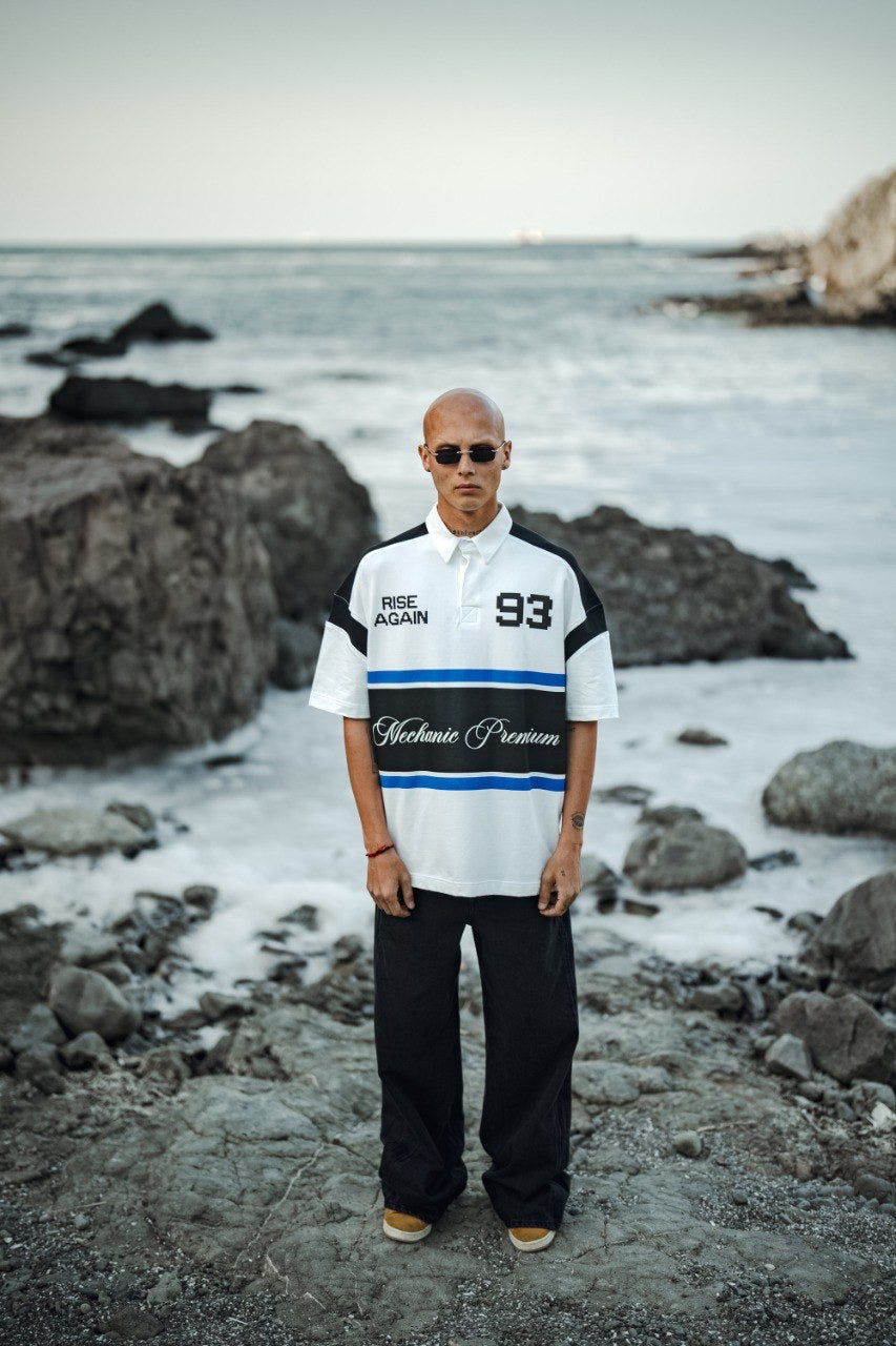 Mechanic Rise Again Pixel Rugby Polo Shirt in White