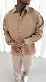 Mechanic Loose Striped Button Down Shirt in Brown