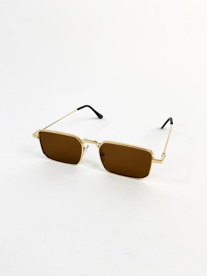 Rectangular gold rim sun glasses in brown