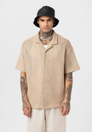 Essence of Life Crotchet Resort Shirt in Beige