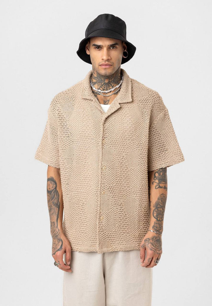 Essence of Life Crotchet Resort Shirt in Beige