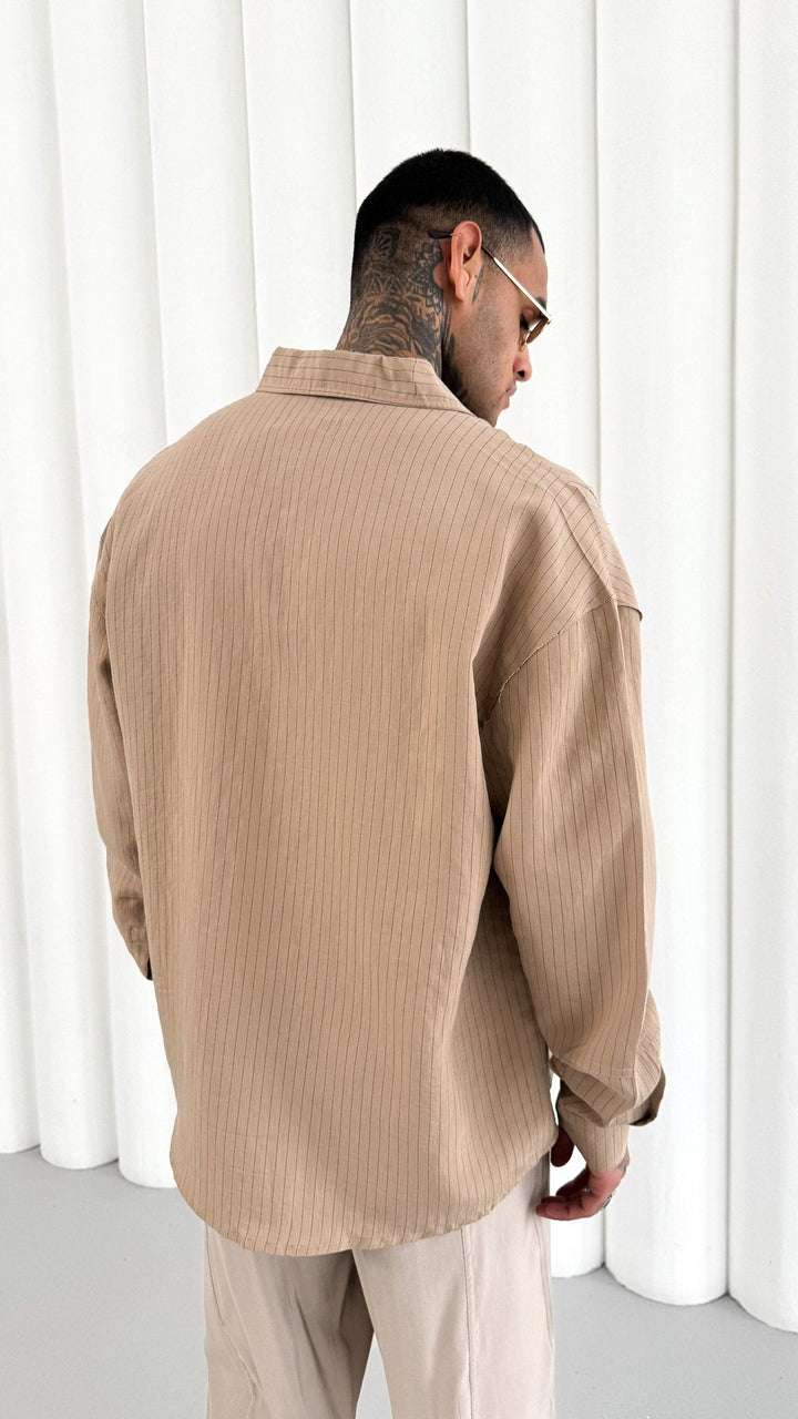 Mechanic Loose Striped Button Down Shirt in Brown