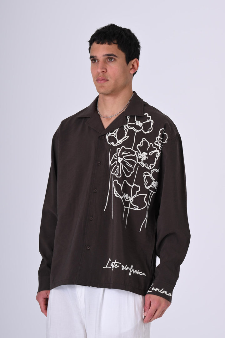 2512 Floral Embroidered Shirt in Brown