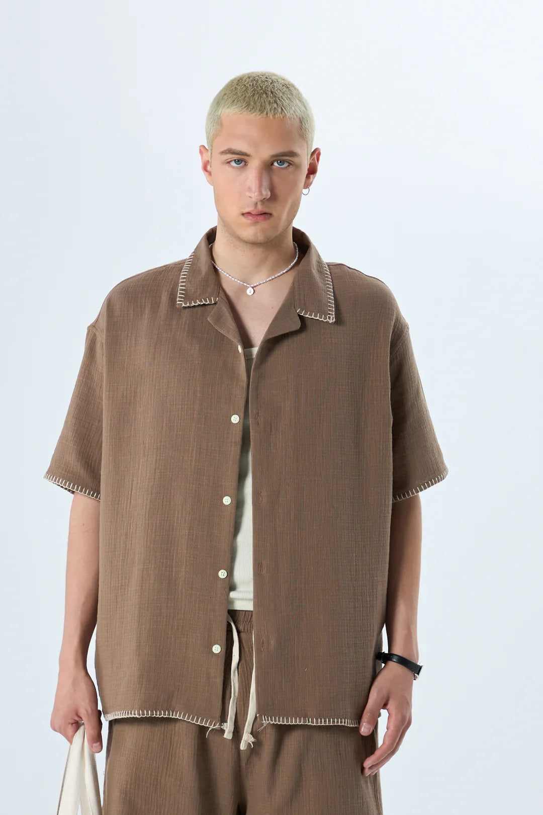 GARM ISLAND SEWING DETAILED OVERSIZE MUSLIN LINEN SHORTS SET BROWN