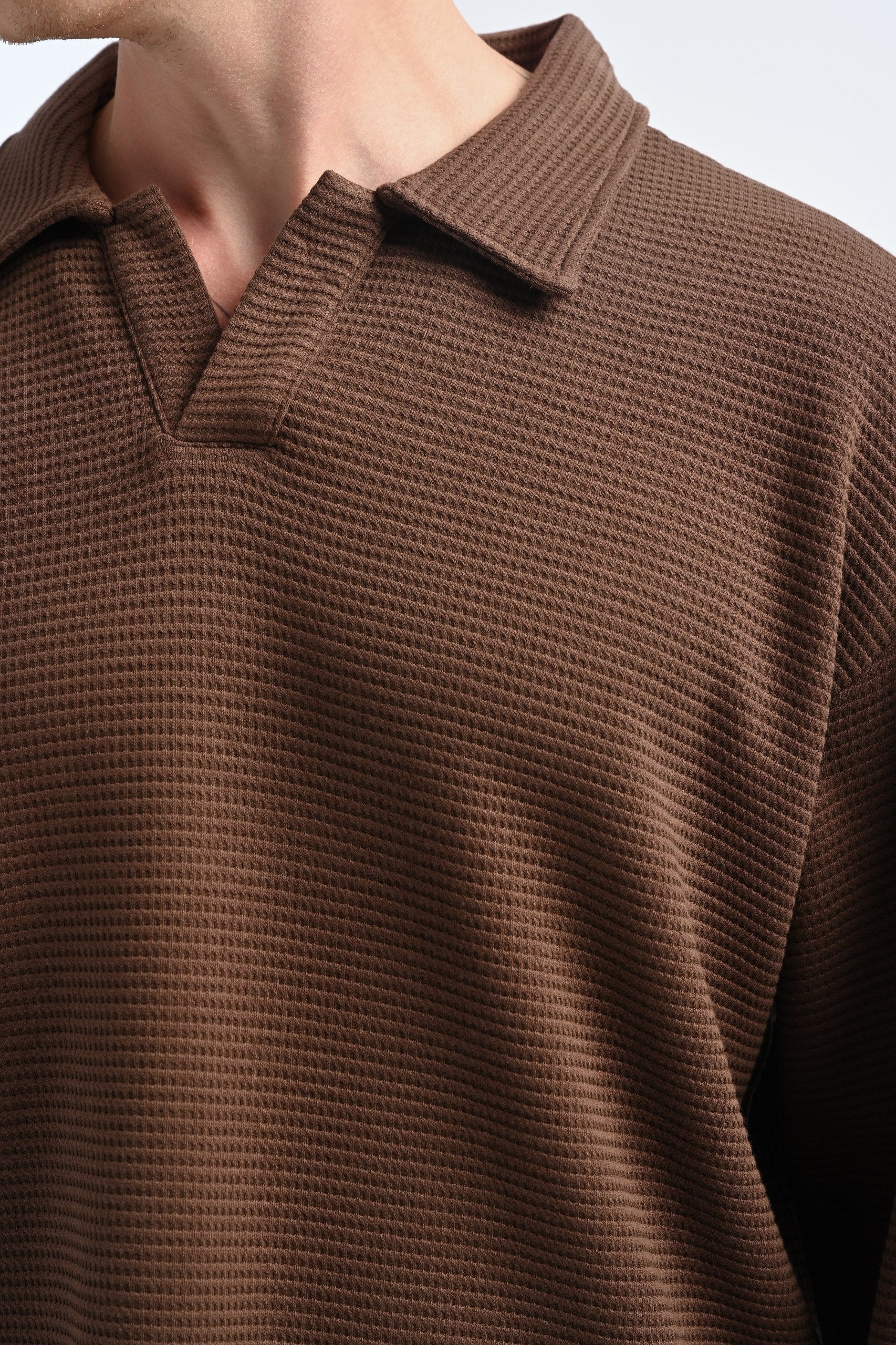 25-12 Waffle Polo Longsleeve in Brown