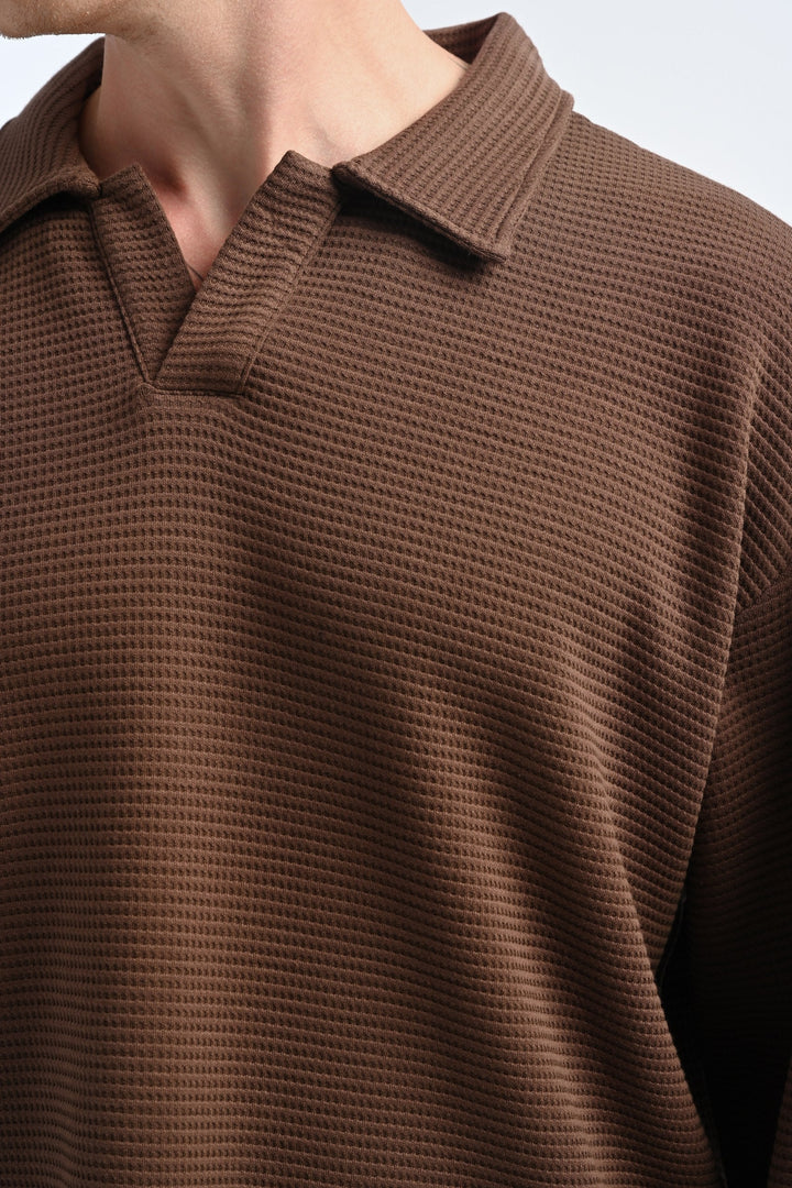 25-12 Waffle Polo Longsleeve in Brown