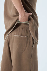 GARM ISLAND SEWING DETAILED OVERSIZE MUSLIN LINEN SHORTS SET BROWN