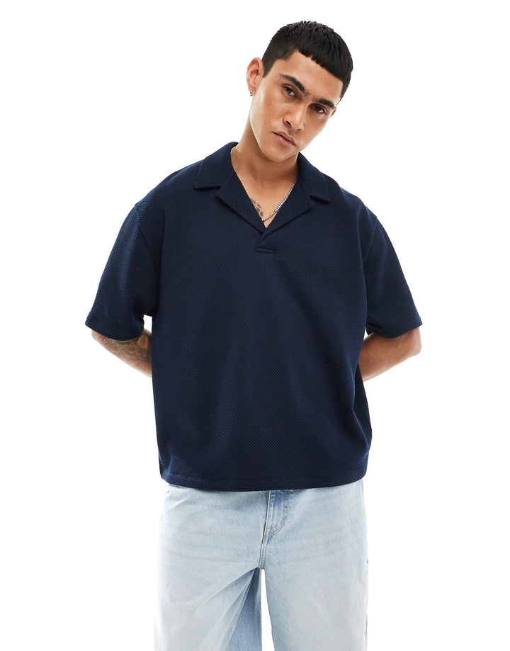 Garm Island Oversized Textured Knit Polo Shirt in Navy