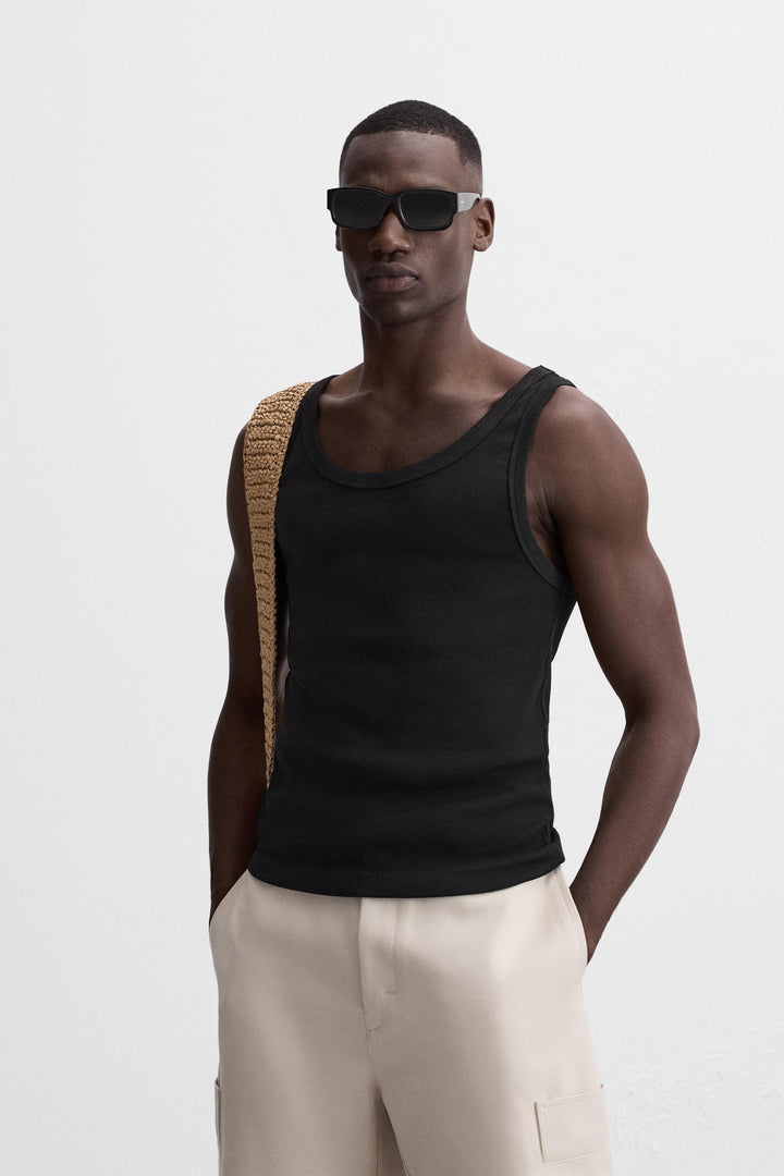 Vamos Ribbed Cotton Vest T-shirt in Black